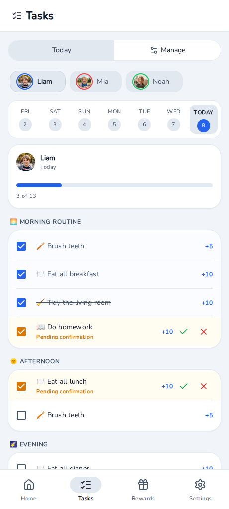 Kipup tasks screen